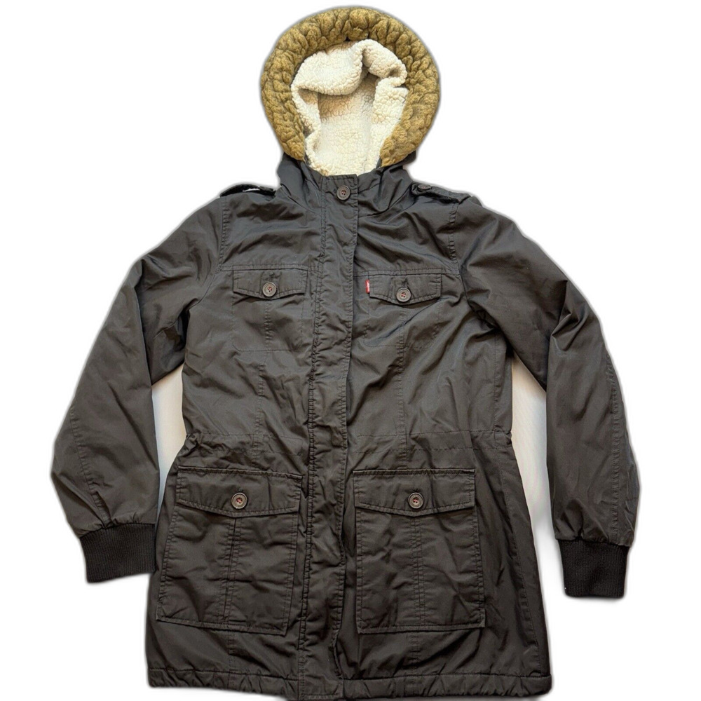 Levis Jacket Women Sz M Black Sherpa Lined Performance Parka Fair Fur Hood Ski‎